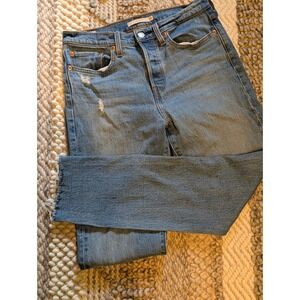 Levis Wedgie Straight Distressed High Rise Blue Jeans Raw Hem Size 28